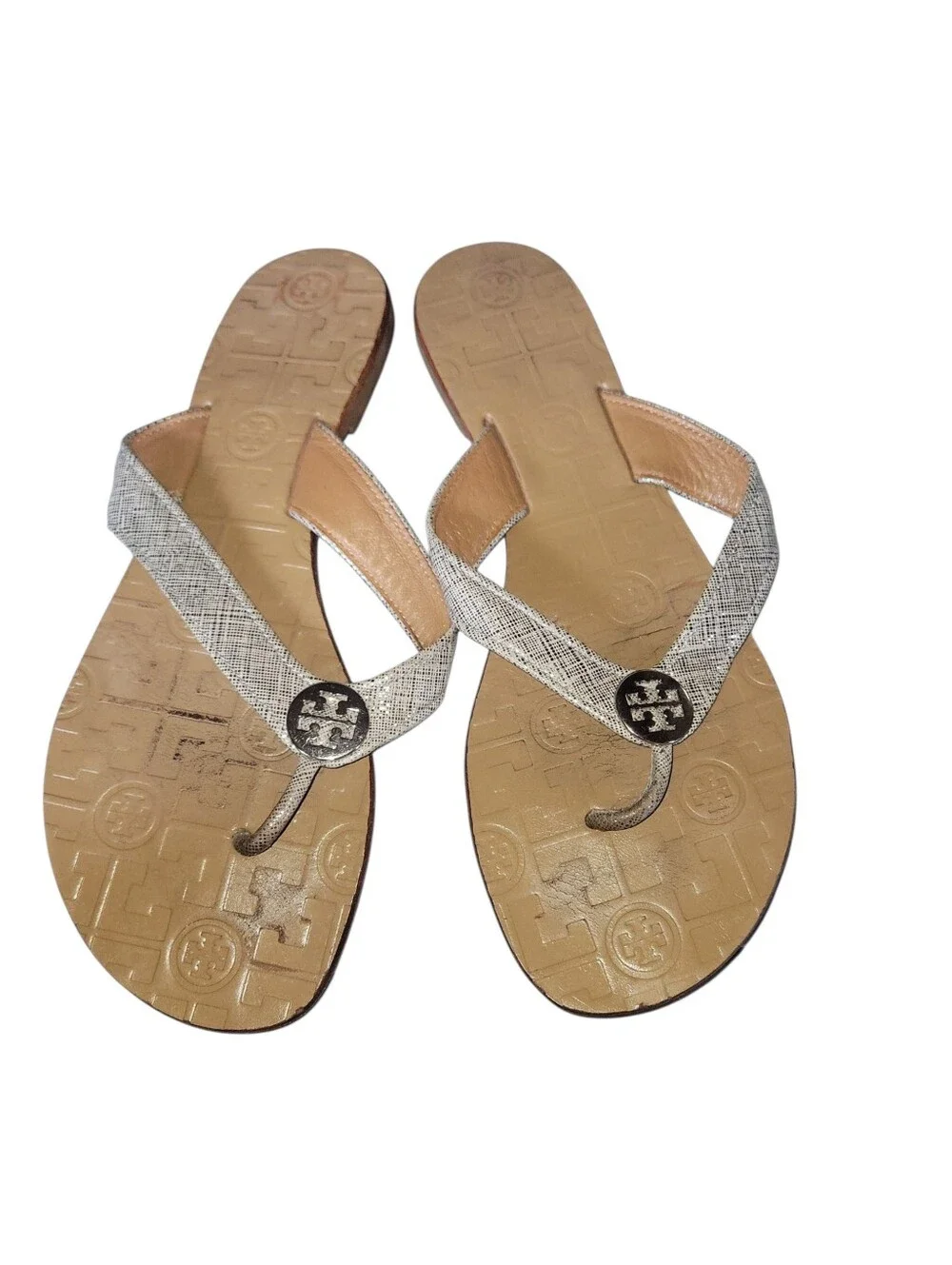 Tory Burch Thora  Metallic Silver Straps Leather W/Gold Logo Thong Sandals 8M